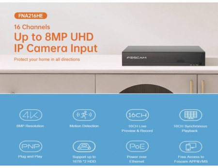 Foscam 16CH 4K PoE NVR 8MP CCTV Recorder 16-Port FNA216HE